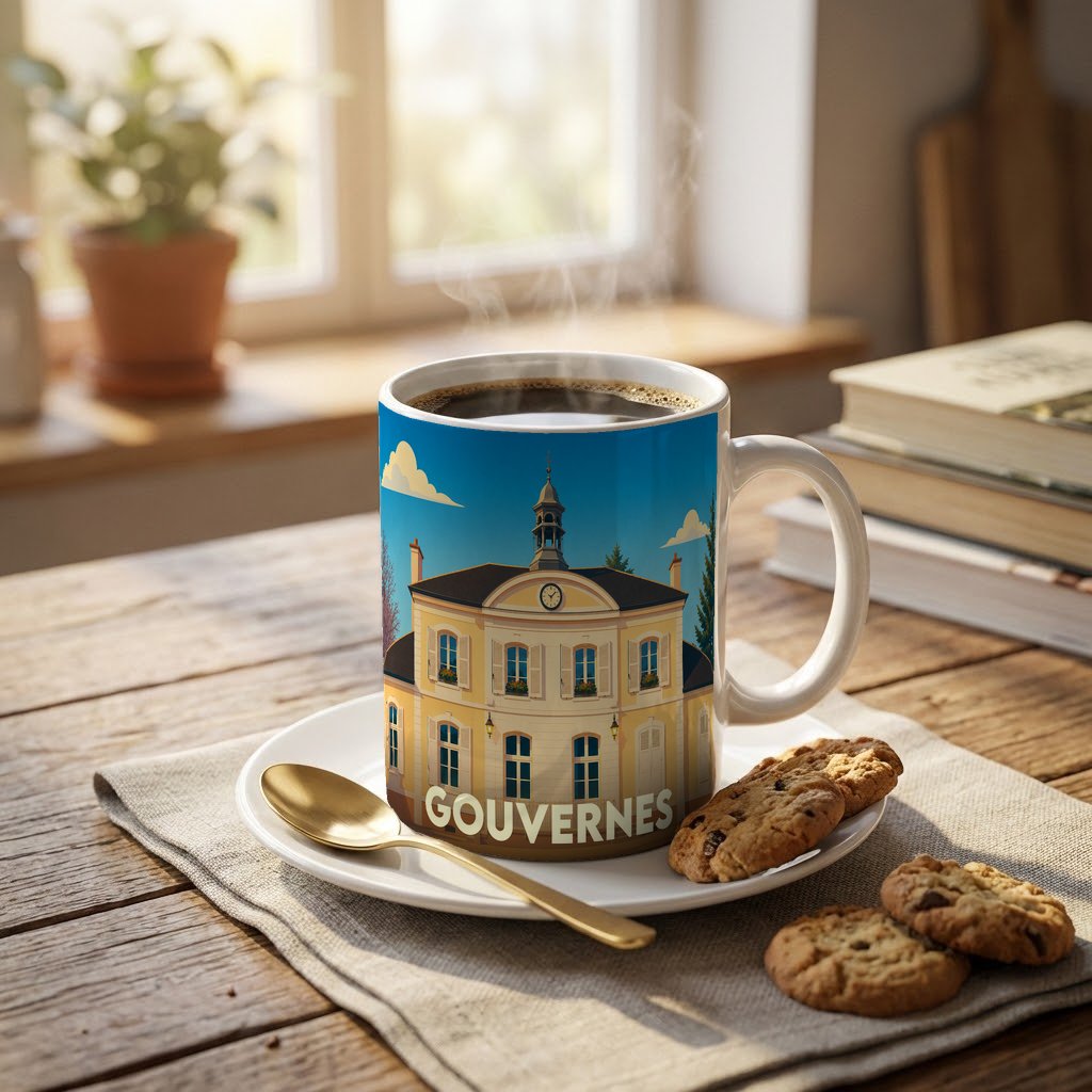 Mug souvenir de la ville de Gouvernes orné d'une illustration stylisée de son hôtel de ville.