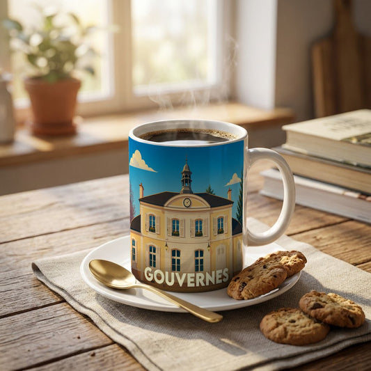 Mug souvenir de la ville de Gouvernes orné d'une illustration stylisée de son hôtel de ville.