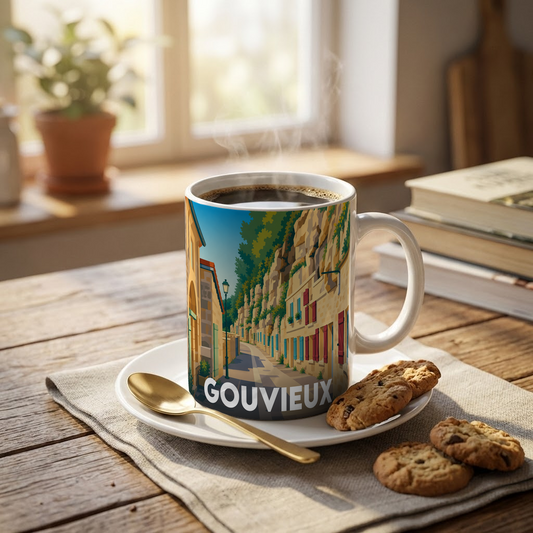 Mug souvenir de la ville de Gouvieux avec une illustration stylisée représentant ses maisons troglodytiques.