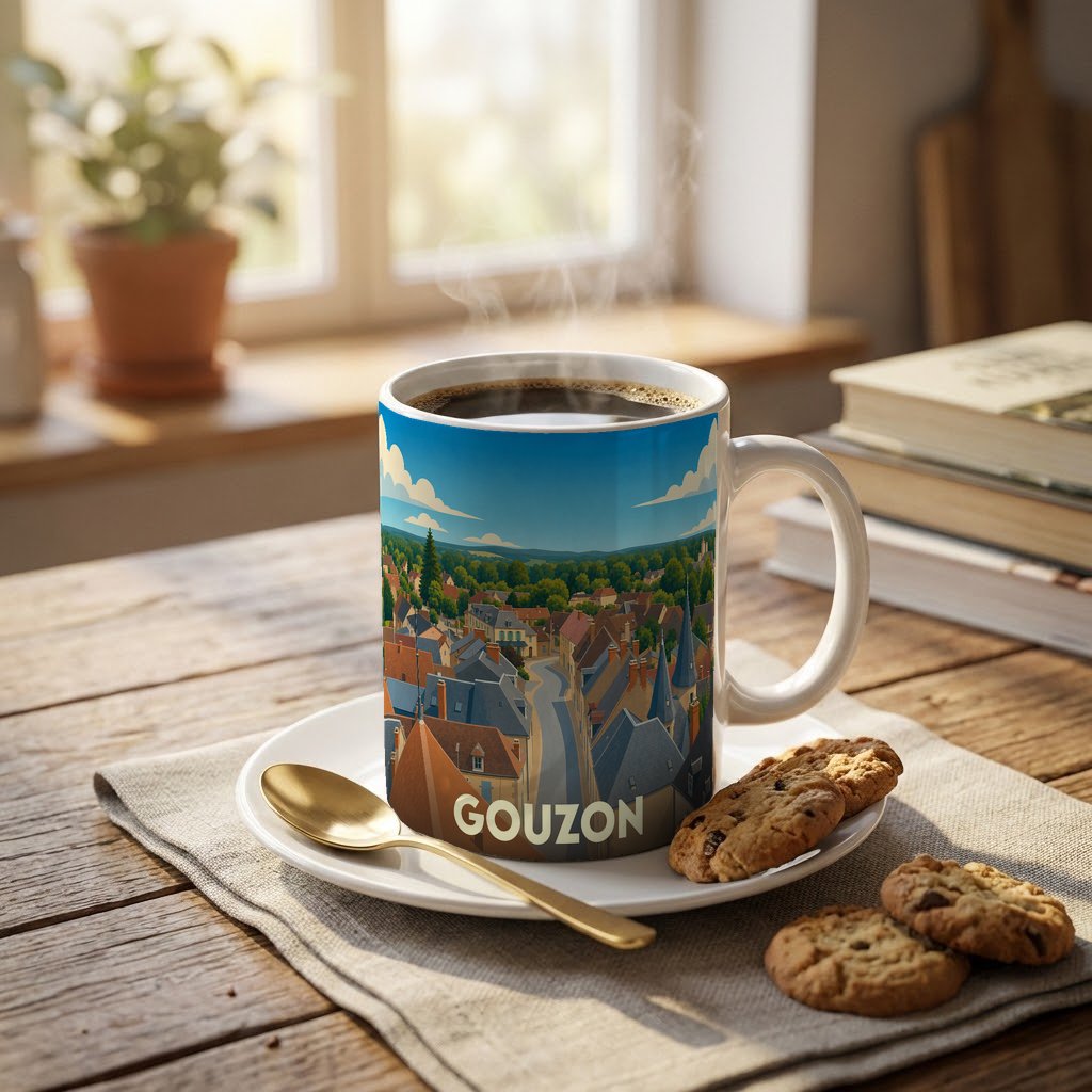 Mug souvenir de la ville de Gouzon orné d'une illustration stylisée de ses toits.