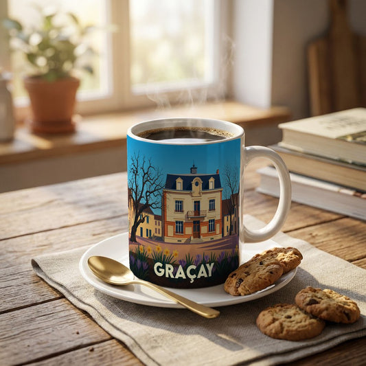 Mug souvenir de la ville de Graçay orné d'une illustration stylisée d'un bâtiment historique.
