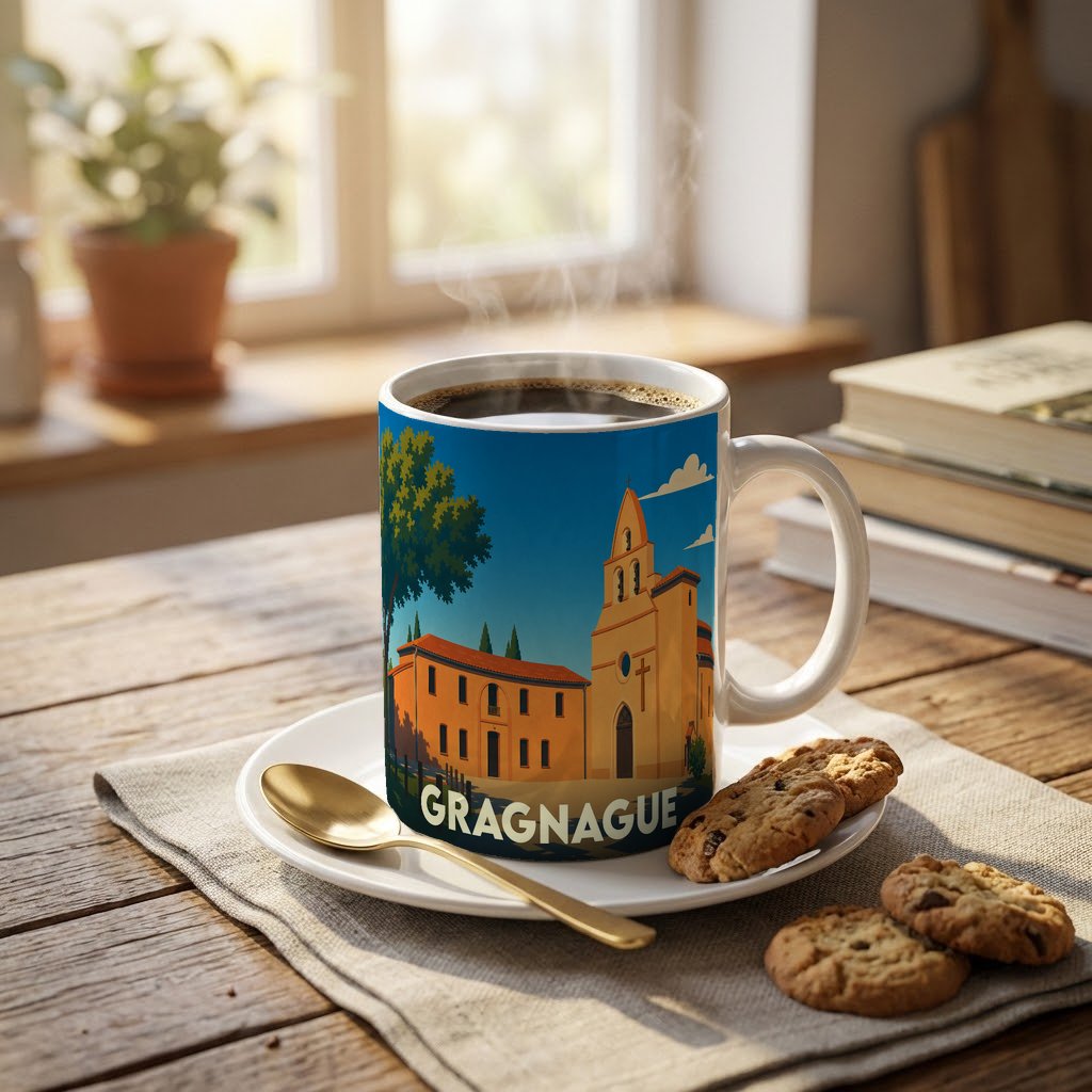 Mug souvenir de la ville de Gragnague orné d'une illustration stylisée de son église et de ses bâtiments typiques.