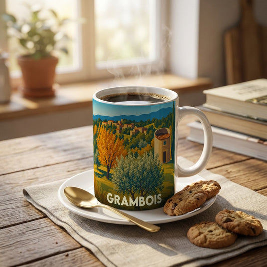 Mug souvenir de la ville de Grambois orné d'une illustration stylisée de paysages provençaux.