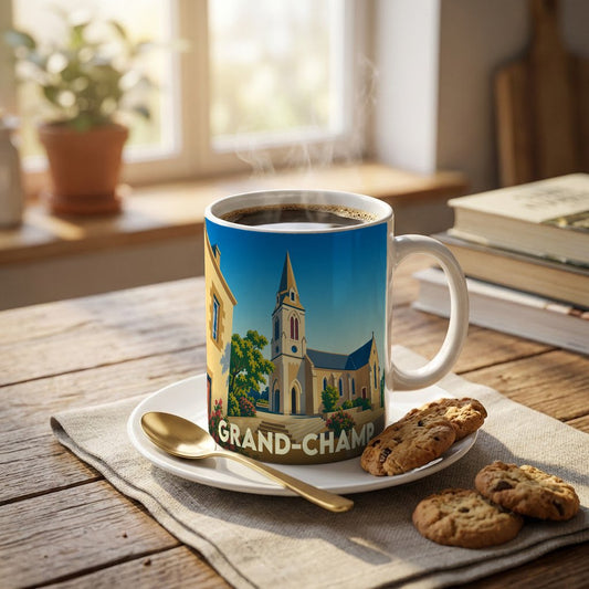 Mug souvenir de la ville de Grand-Champ avec une illustration stylisée de son église.