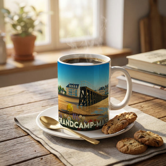 Mug souvenir de la ville de Grandcamp-Maisy avec une illustration stylisée de son front de mer.