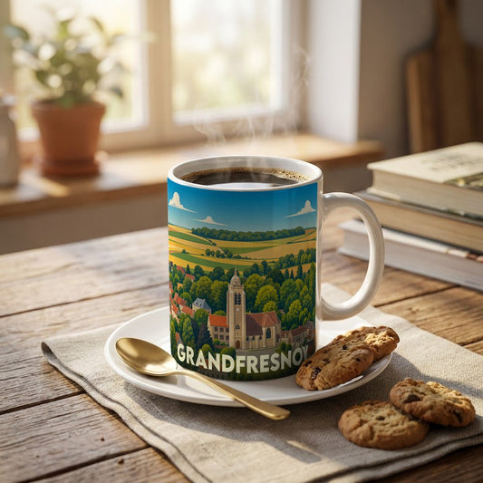 Mug souvenir de la ville de Grandfresnoy orné d'une illustration stylisée du village et de son église.
