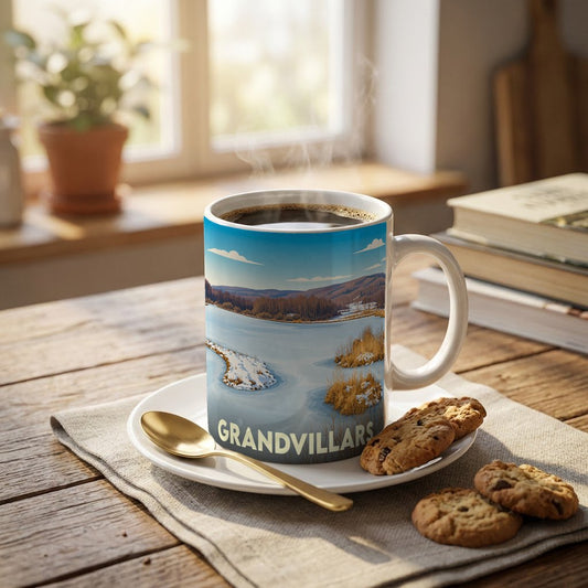 Mug souvenir de la ville de Grandvillars avec une illustration stylisée de paysage hivernal.