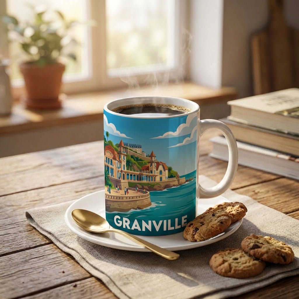 Mug souvenir de la ville de Granville avec une illustration stylisée de son front de mer.