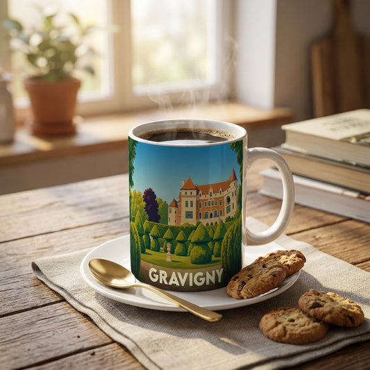 Mug souvenir de la ville de Gravigny orné d'une illustration stylisée de son château et de ses jardins.