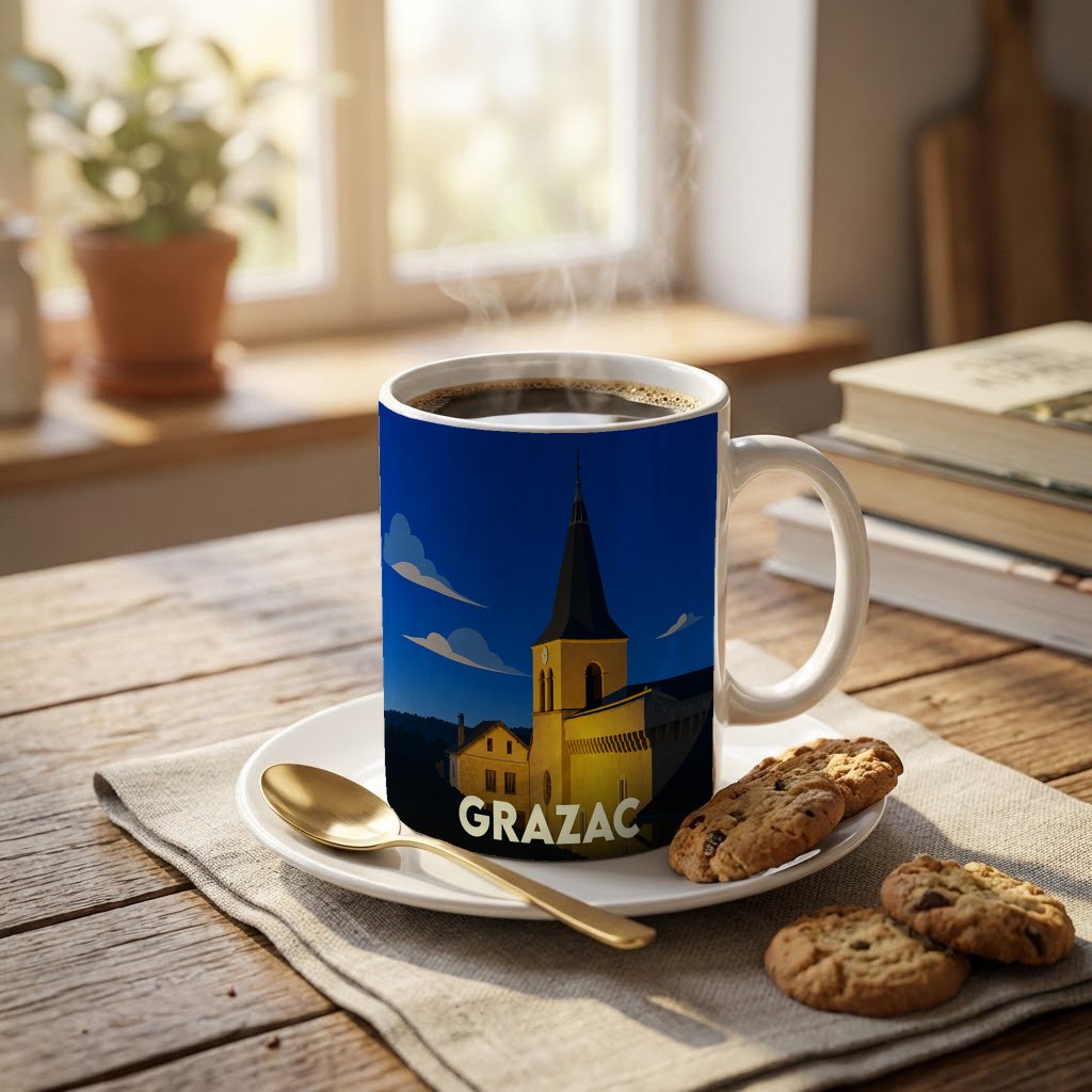 Mug souvenir de la ville de Grazac avec une illustration stylisée d'un clocher illuminé de nuit.
