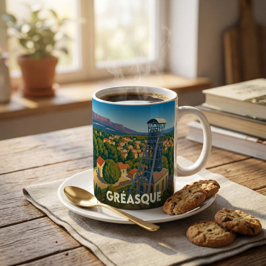 Mug souvenir de la ville de Gréasque avec une illustration stylisée de son chevalement minier et du village.