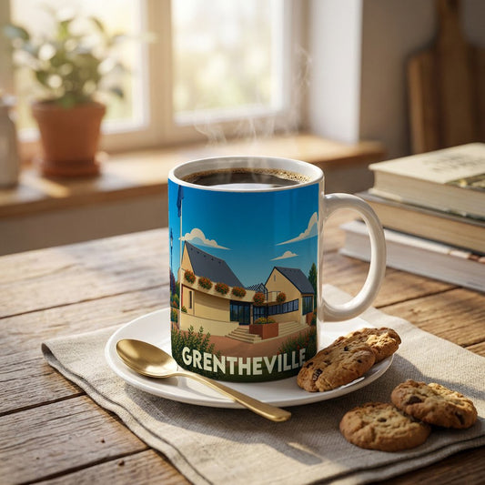 Mug souvenir de la ville de Grentheville avec une illustration stylisée d'un bâtiment local.
