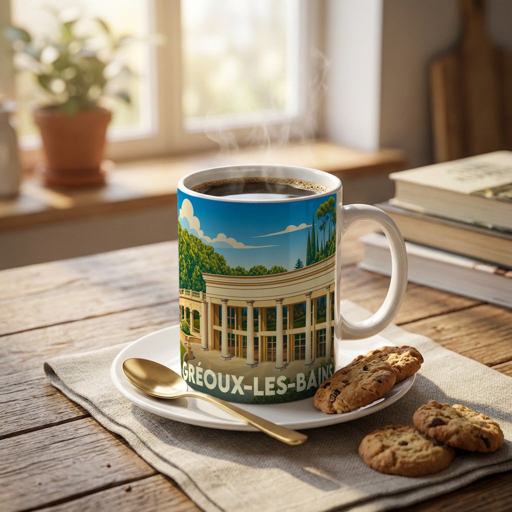 Mug souvenir de la ville de Gréoux-les-Bains avec une illustration stylisée de ses thermes.