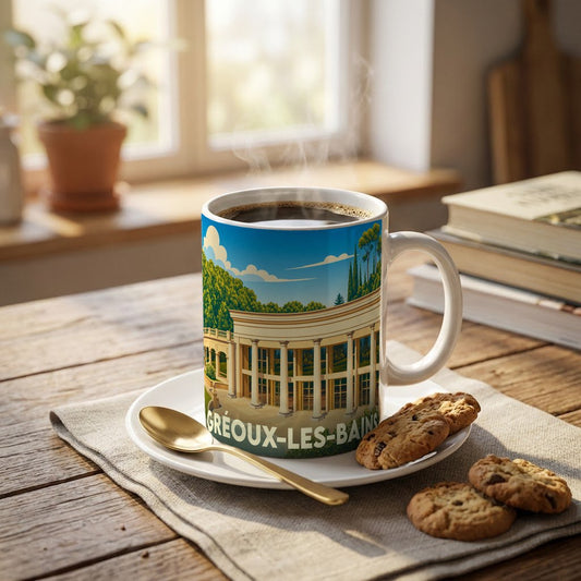 Mug souvenir de la ville de Gréoux-les-Bains avec une illustration stylisée de ses thermes.