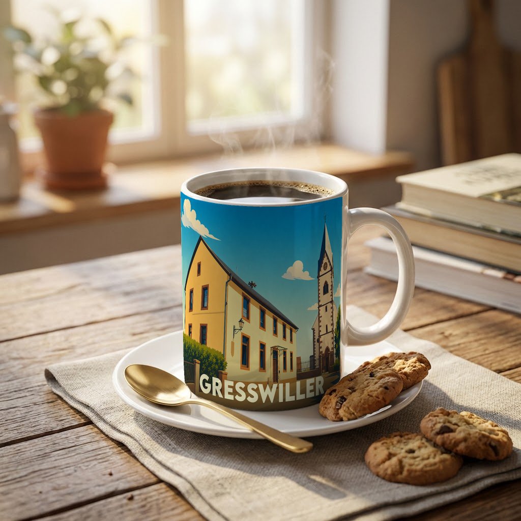 Mug souvenir de la ville de Gresswiller orné d'une illustration stylisée de son architecture.