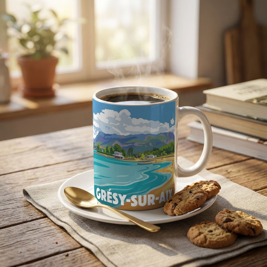 Mug souvenir de la ville de Grésy-sur-Aix avec une illustration stylisée de paysage.