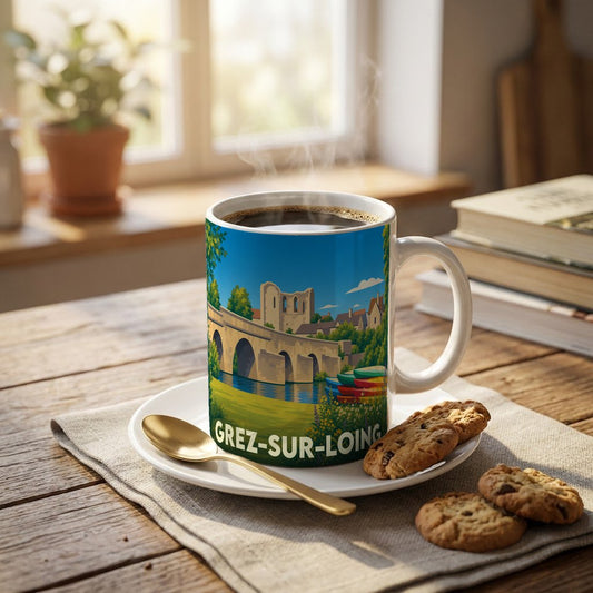 Mug souvenir de la ville de Grez-sur-Loing avec une illustration colorée du pont et du vieux château.