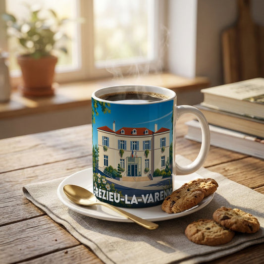 Mug souvenir de la ville de Grézieu-la-Varenne avec une illustration stylisée de sa mairie.
