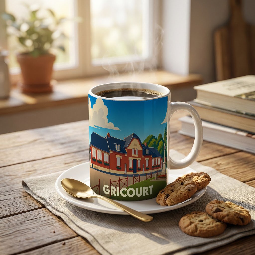Mug souvenir de la ville de Gricourt orné d'une illustration stylisée de son architecture locale.