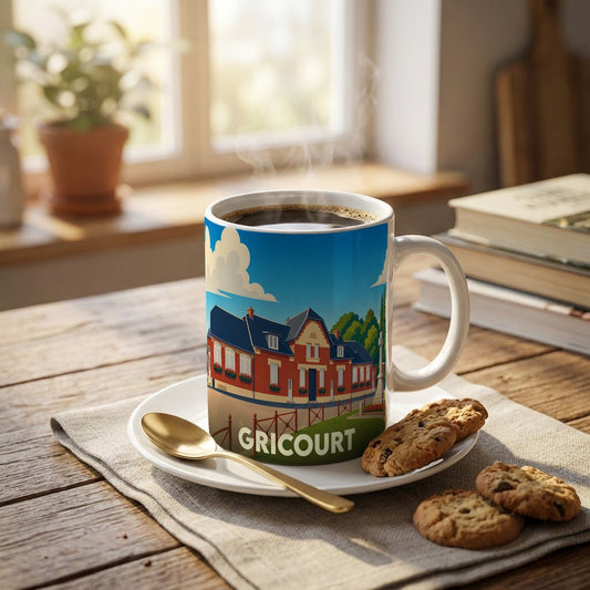 Mug souvenir de la ville de Gricourt orné d'une illustration stylisée de son architecture locale.