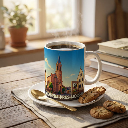 Mug souvenir de la ville de Griesheim-près-Molsheim avec une illustration stylisée de son église.