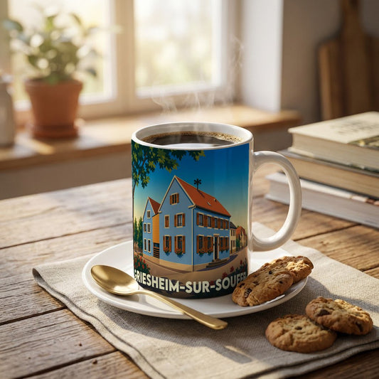 Mug souvenir de la ville de Griesheim-sur-Souffel avec une illustration stylisée d'une maison alsacienne.