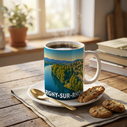 Mug souvenir de la ville de Grigny-sur-Rhône orné d'une illustration stylisée des bords du Rhône.