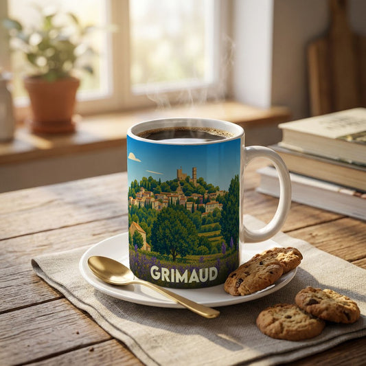 Mug souvenir de la ville de Grimaud orné d'une illustration stylisée du village et de son château.