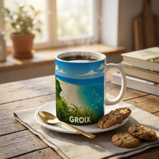 Mug souvenir de l'île de Groix avec une illustration stylisée d'une plage et de la mer.