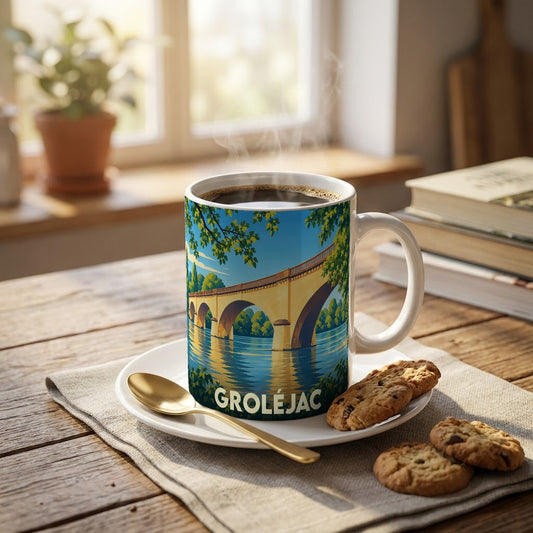 Mug souvenir de la ville de Groléjac orné d'une illustration stylisée de son pont.