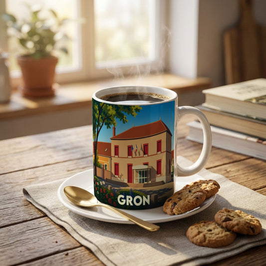 Mug souvenir de la ville de Gron orné d'une illustration stylisée de sa mairie.