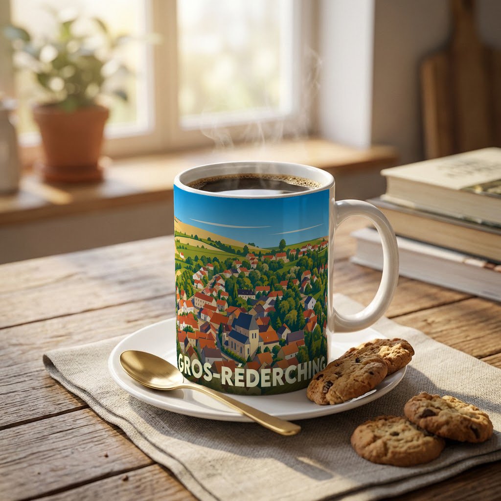Mug souvenir de la ville de Gros-Réderching avec une illustration panoramique stylisée.