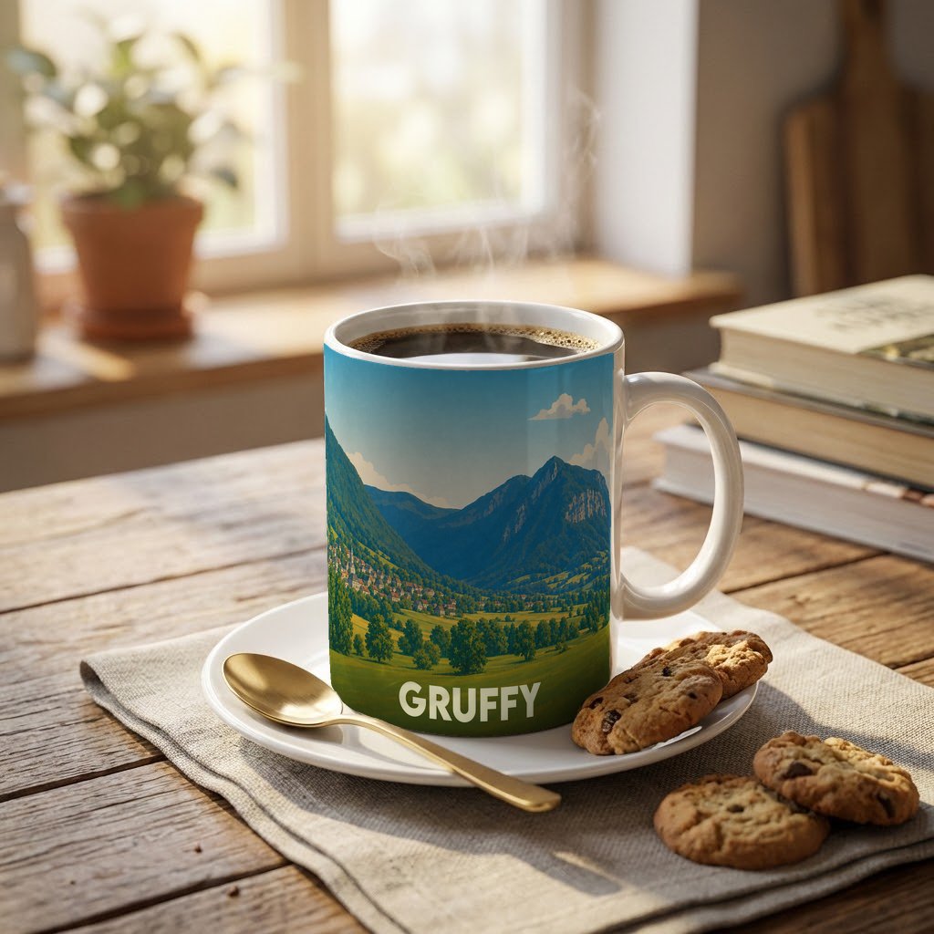 Mug souvenir de la ville de Gruffy illustré d'un paysage montagneux verdoyant.