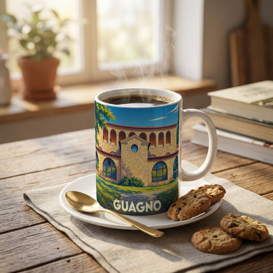 Mug souvenir de la ville de Guagno avec une illustration stylisée d'un bâtiment historique.
