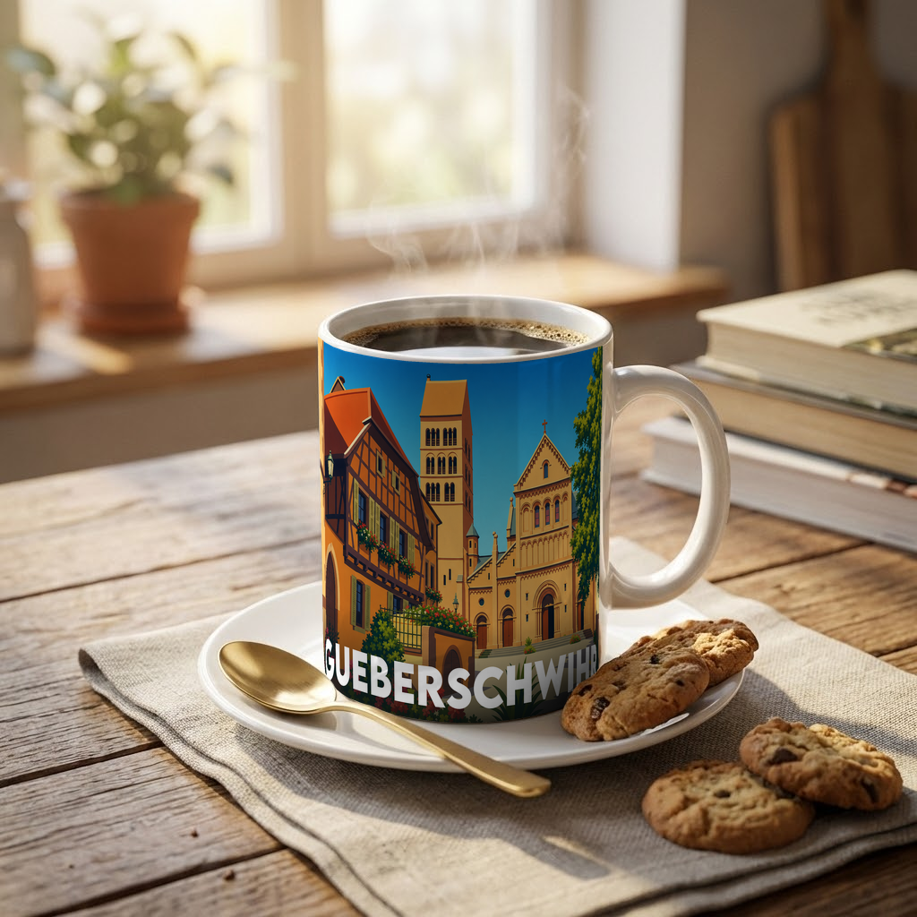 Mug souvenir de la ville de Gueberschwihr avec une illustration graphique stylisée.