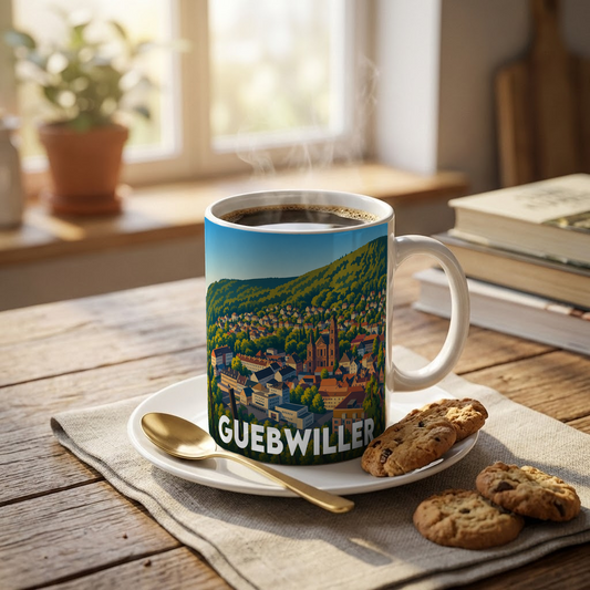 Mug souvenir de la ville de Guebwiller avec une illustration stylisée et colorée du paysage urbain.