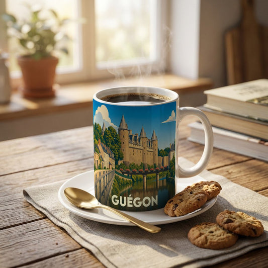 Mug souvenir de la ville de Guégon illustré d'un château au bord de l'eau.