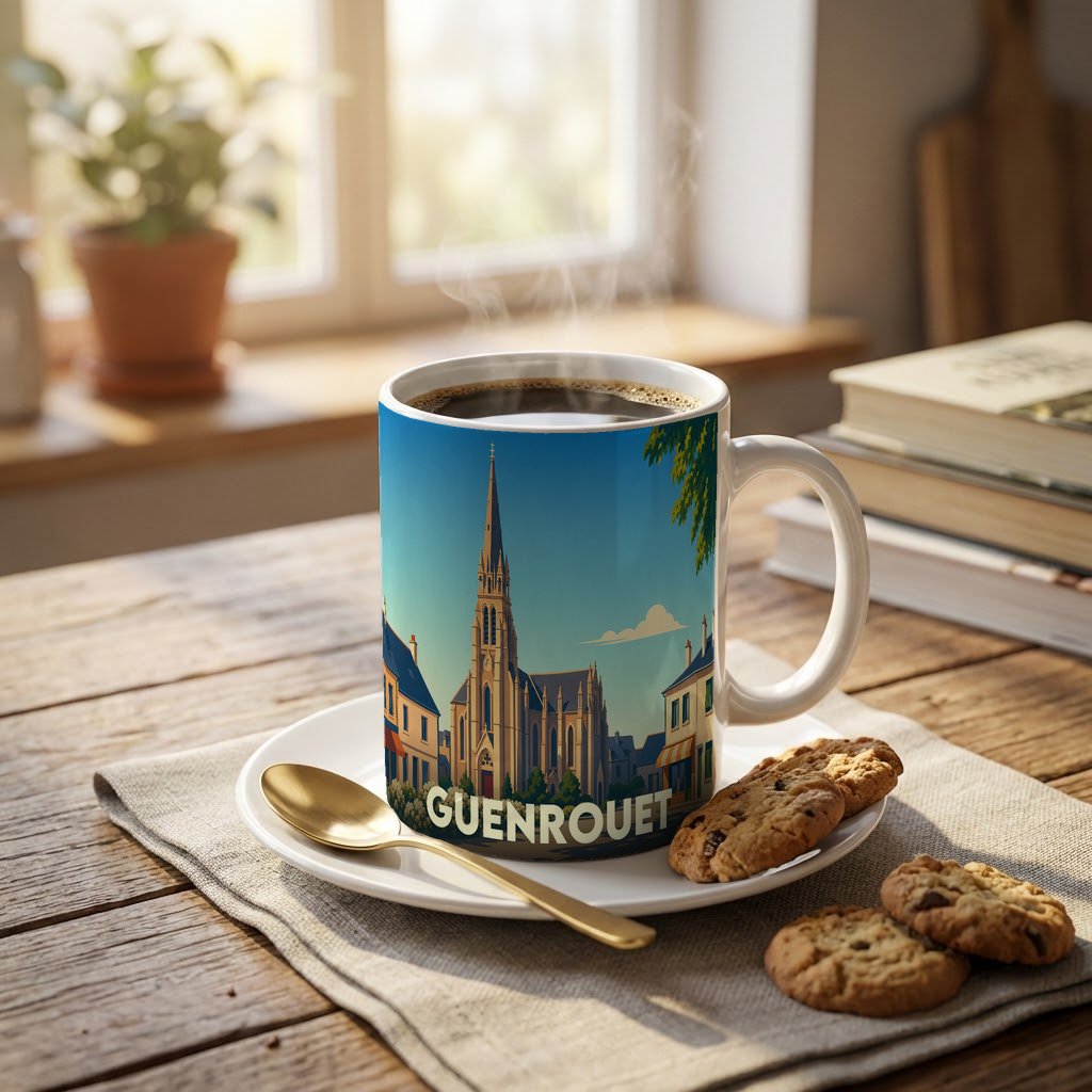 Mug souvenir de la ville de Guenrouet avec une illustration stylisée de son église et de ses maisons.