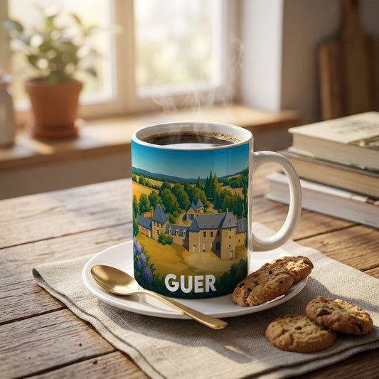 Mug souvenir de la ville de Guer orné d'une illustration stylisée de son paysage et de ses bâtiments.