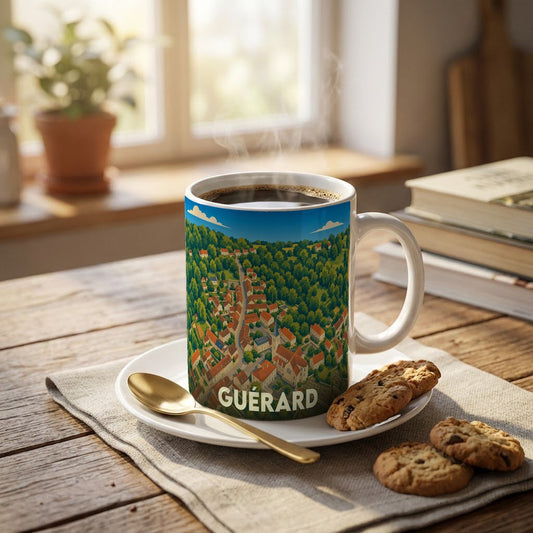 Mug souvenir de la ville de Guérard orné d'une illustration aérienne stylisée du village.