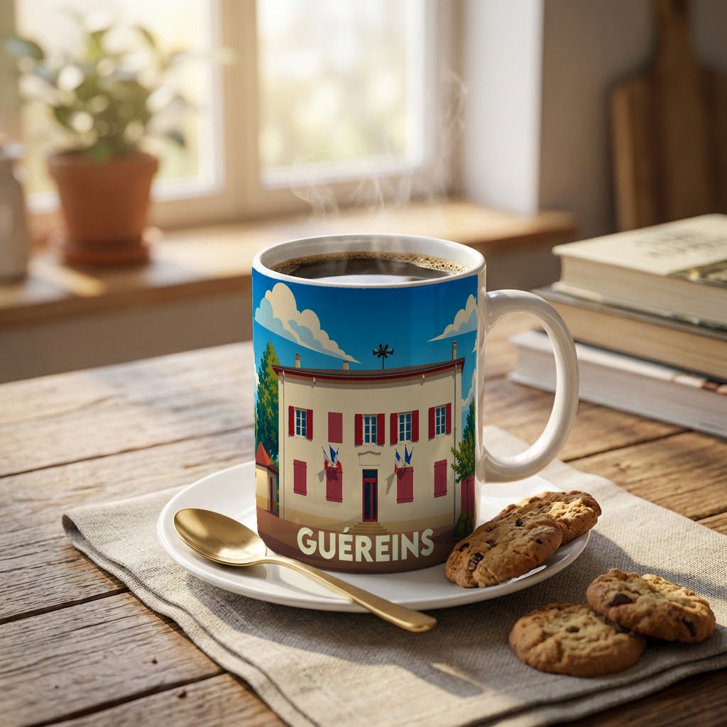 Mug souvenir de la ville de Guéreins avec une illustration stylisée d'un bâtiment emblématique.