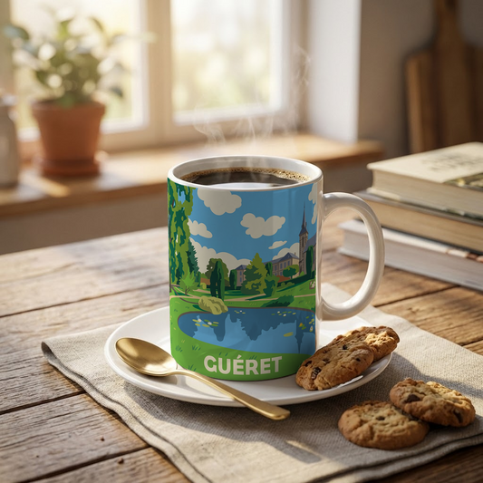 Mug souvenir de la ville de Guéret avec une illustration stylisée d'un parc paysager.