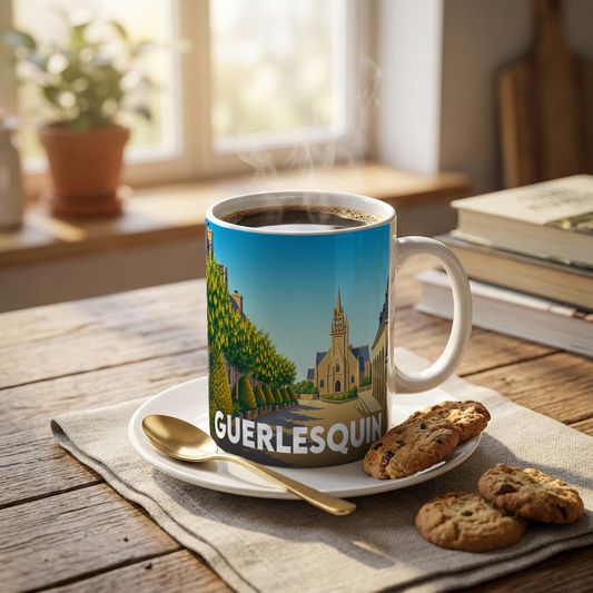 Mug souvenir de la ville de Guerlesquin avec une illustration stylisée.