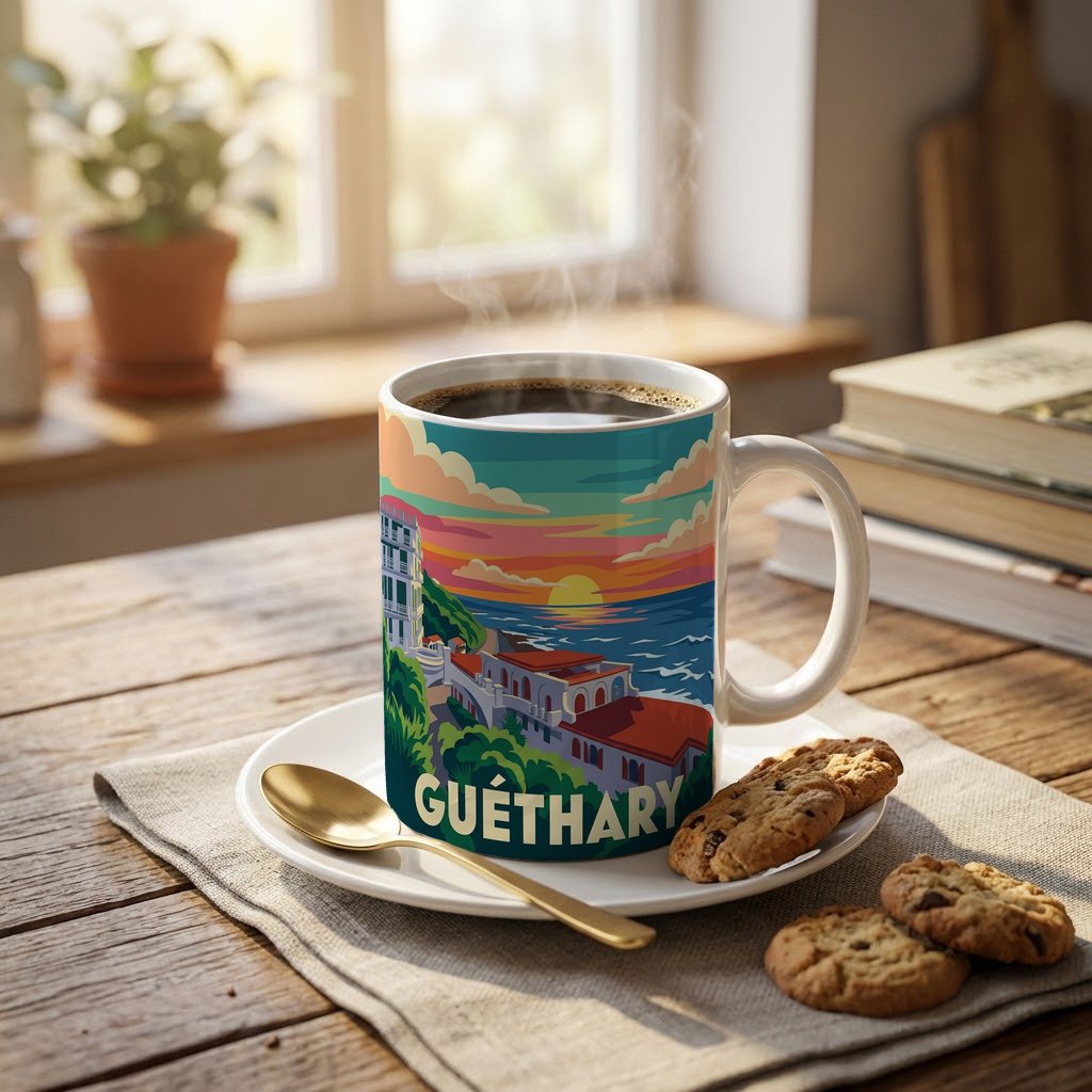 Mug souvenir de la ville de Guéthary avec une illustration stylisée.