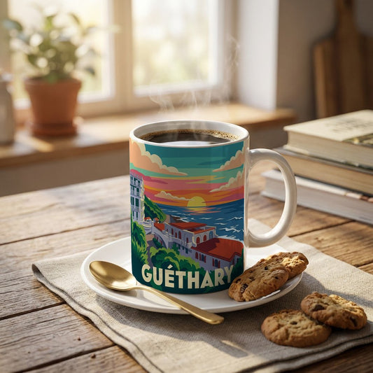 Mug souvenir de la ville de Guéthary avec une illustration stylisée.