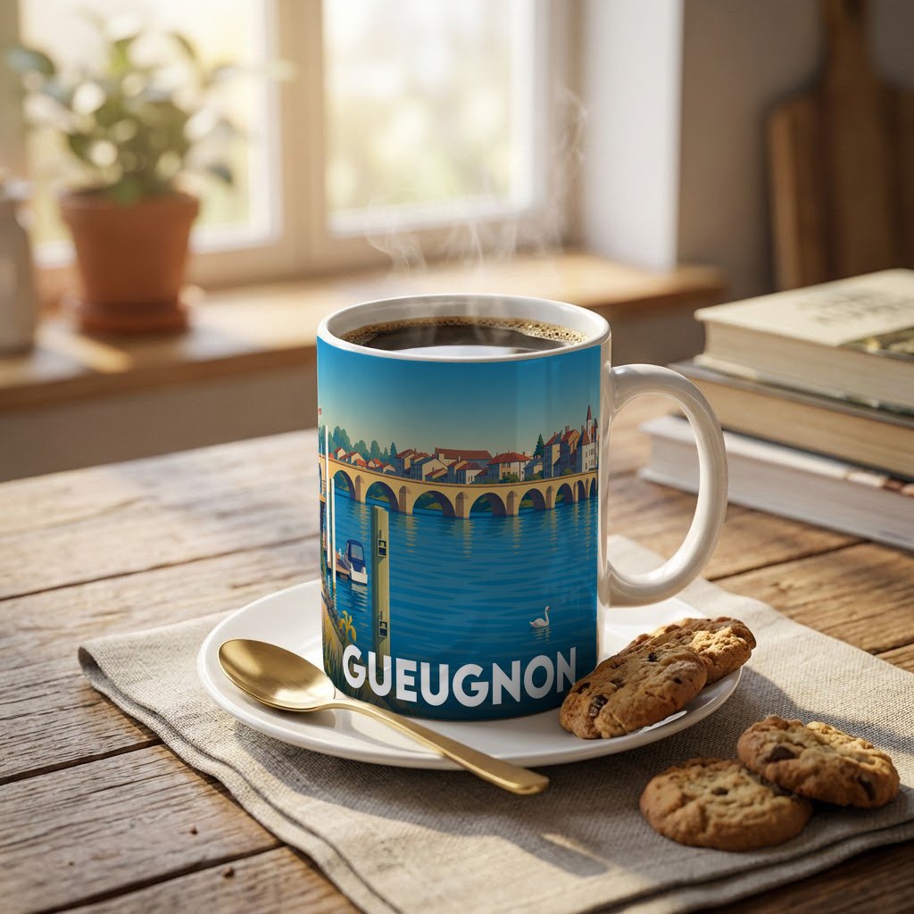 Mug souvenir de la ville de Gueugnon avec une illustration stylisée représentant un pont sur une rivière.