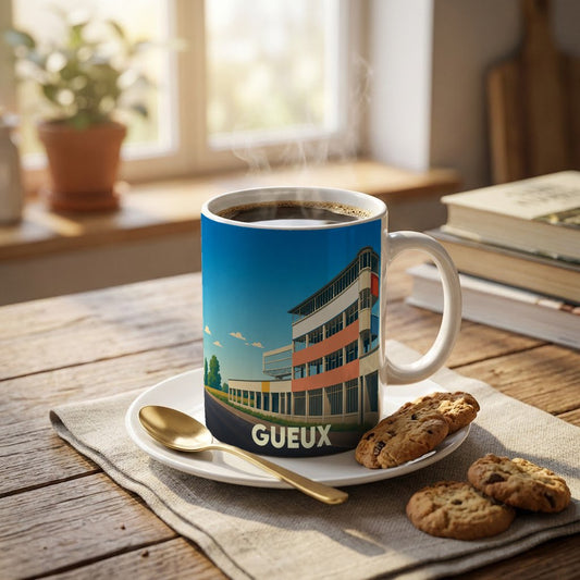 Mug souvenir de la ville de Gueux orné d'une illustration stylisée de son ancien circuit automobile.
