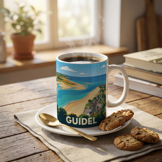 Mug souvenir de la ville de Guidel avec une illustration stylisée.