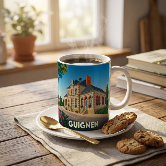 Mug souvenir de la ville de Guignen orné d'une illustration stylisée de son architecture locale.