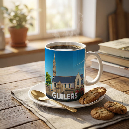Mug souvenir de la ville de Guilers avec une illustration stylisée de son église et de ses paysages.